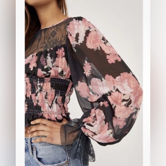 Free People Daphne Floral Lace Sheer Smocked Top Midnight Combo Boho Chic XS EUC - Picture 16 of 16